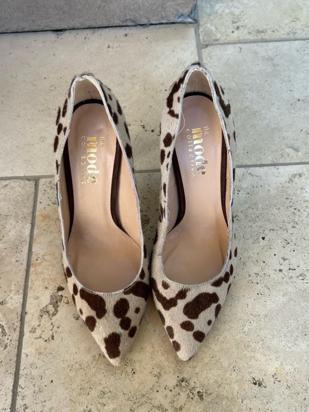 Brown & Cream Cowhide Pointed-Toe Pumps
